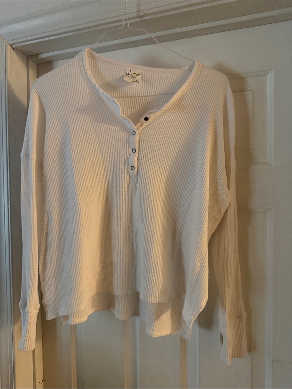 aerie Cream Waffle-Knit Henley Long Sleeve Top